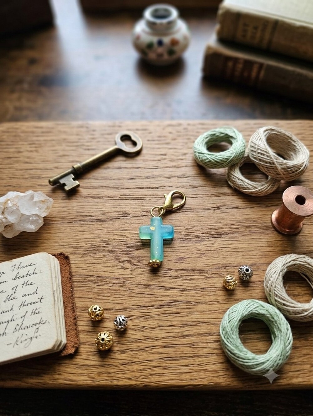 Aqua Blue Resin Cross Charm with Gold Accents